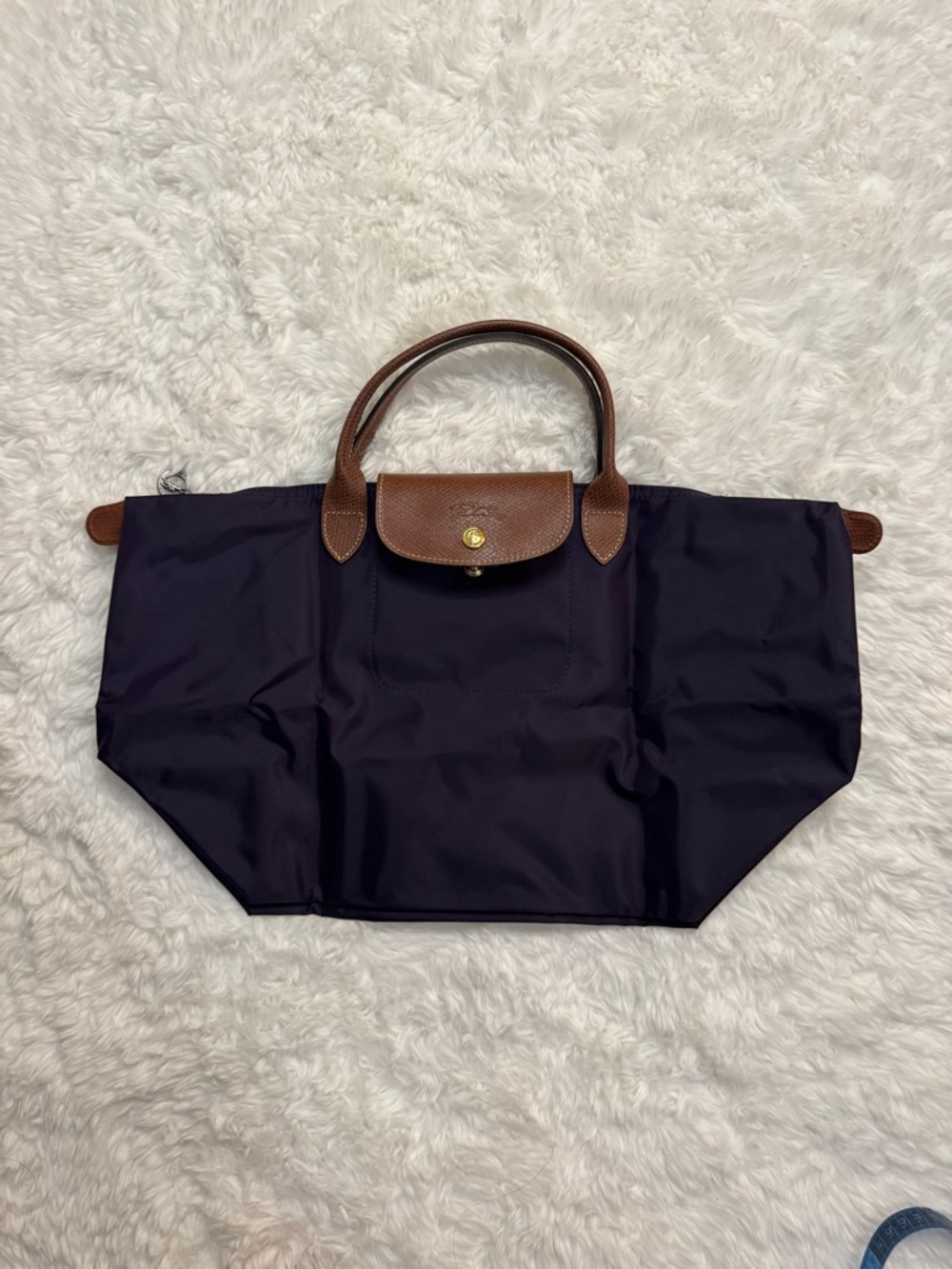 Longchamp Purple Le Pliage Tote with Brown Leather Trim